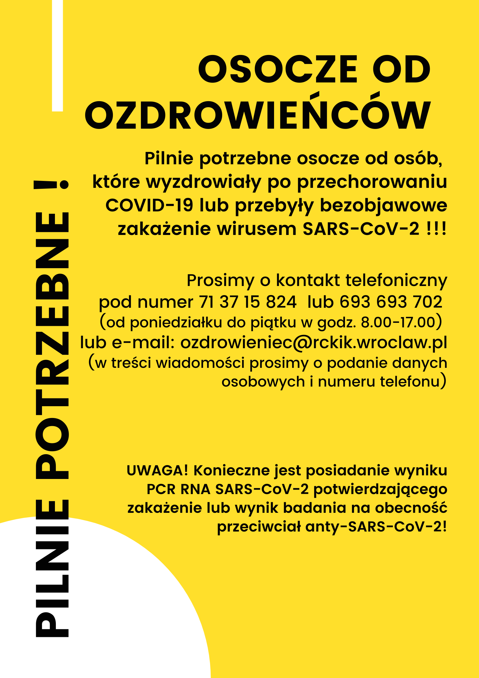 Regionalne Centrum Krwiodawstwa i Krwiolecznictwa we Wrocławiu zwraca się z gorącą prośbą do osób, które przeszły zakażenie SARS-CoV-2 o oddawanie osocza.