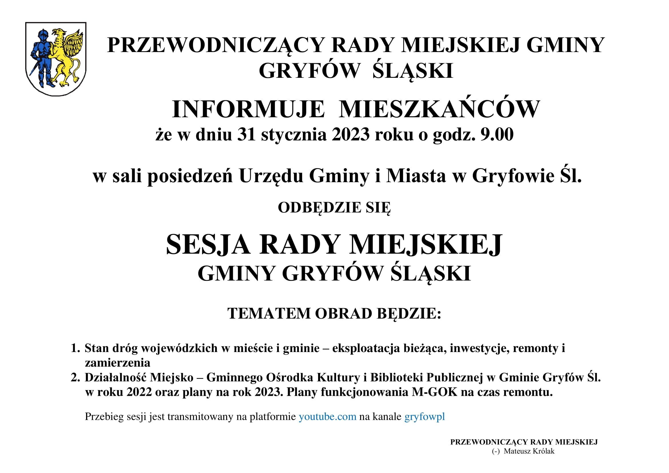 Informacje o terminie sesji Rady Miejskiej Gminy Gryfów Śląski