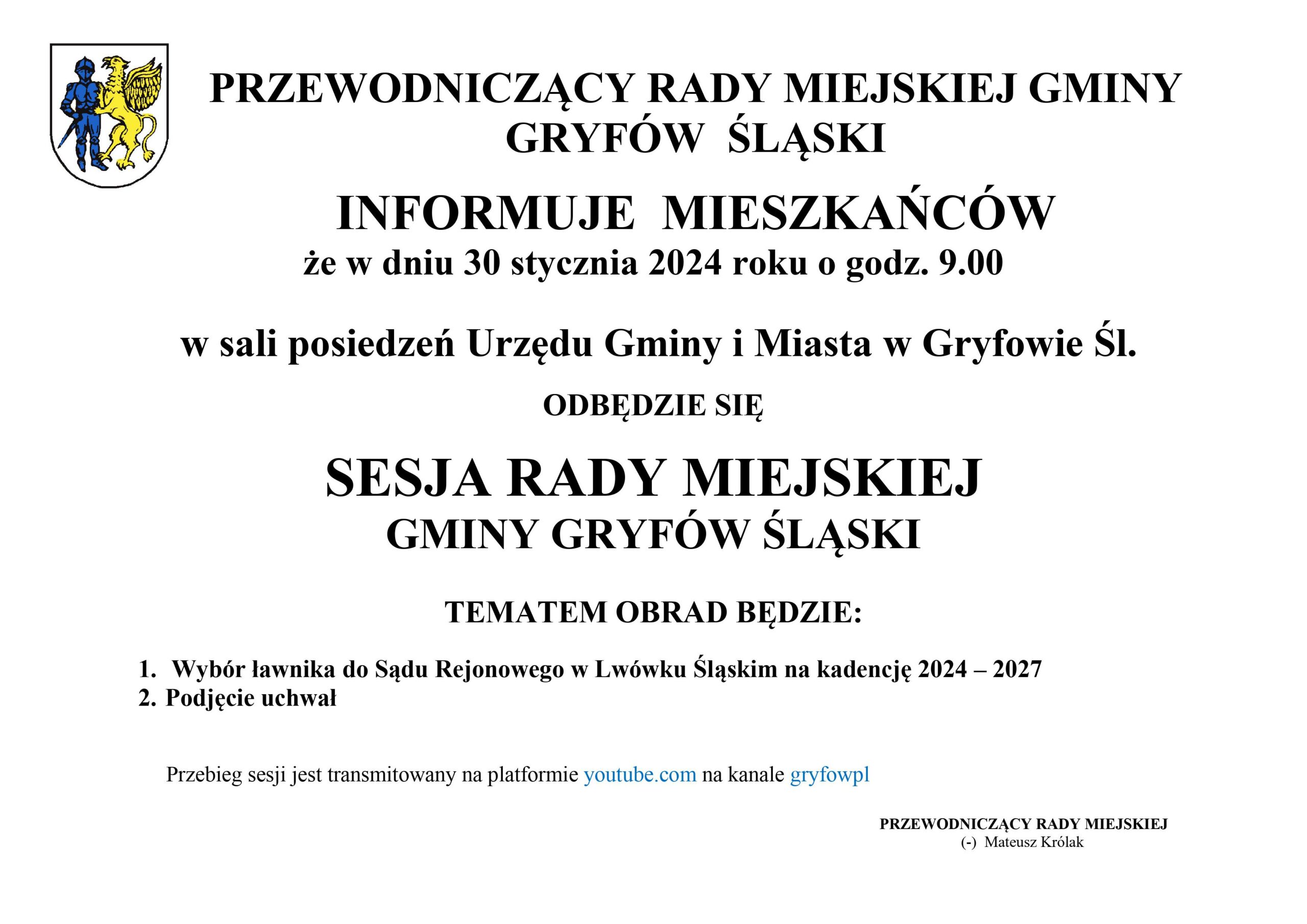 Ogłoszenie o Sesji Rady Miejskiej Gminy Gryfów Śląski
