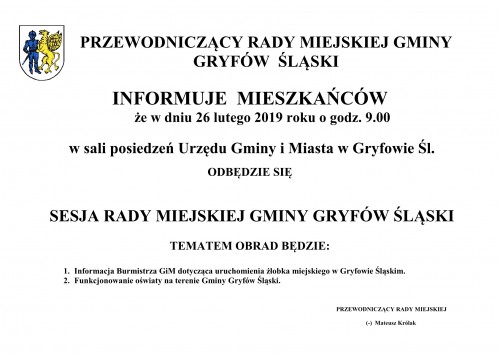 Informacja o terminie sesji Rady Miejskiej Gminy Gryfów Śląski