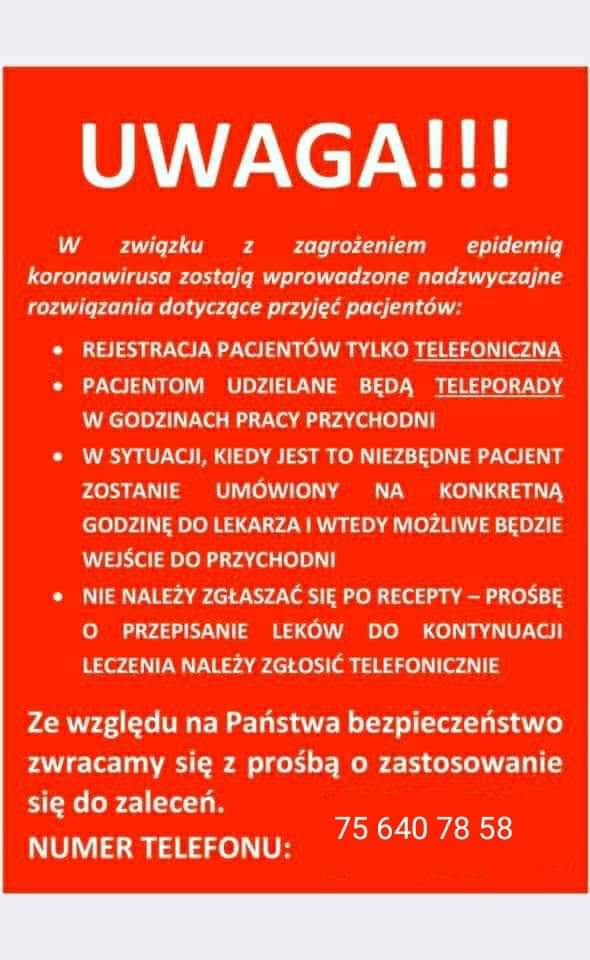 Komunikat PRZYCHODNI WIELOSPECJALISTYCZNEJ w Gryfowie Śląskim ul. Malownicza