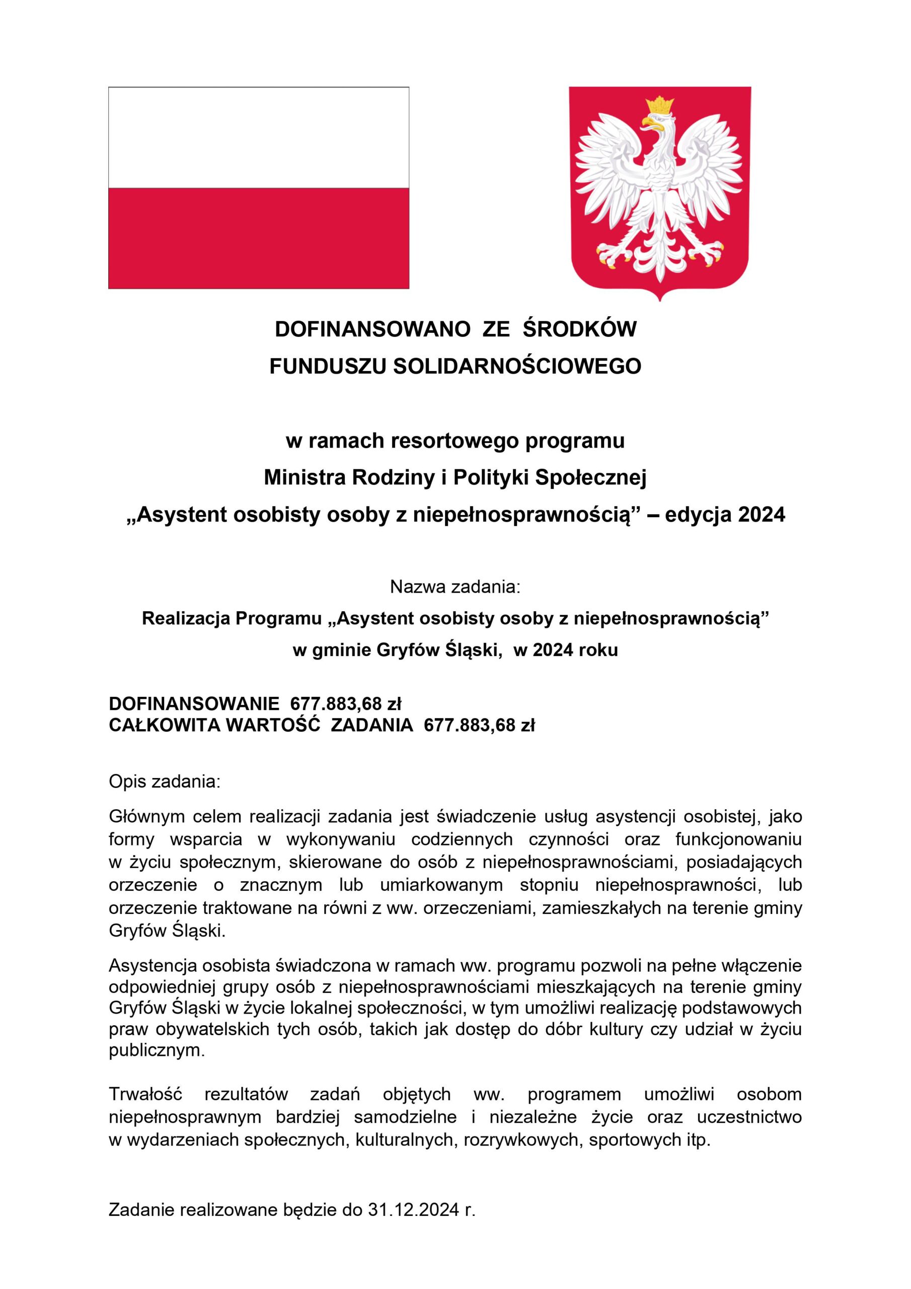 Realizacja Programu „Asystent osobisty osoby z niepełnosprawnością” w gminie Gryfów Śląski, w 2024 roku.